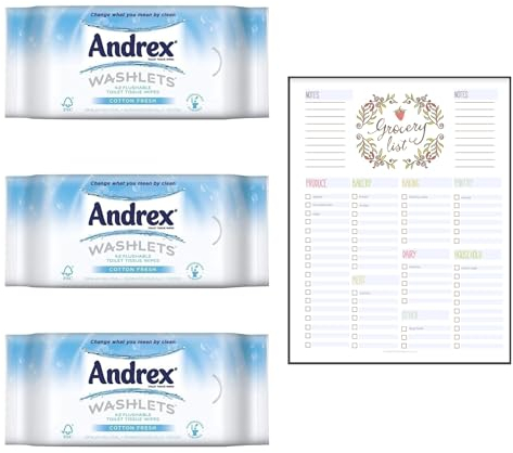 WC-Reinigungstücher, enthält Andrex Classic Clean Washlets Spültücher 36 Stück – 3 Stück mit Einkaufsliste Karte