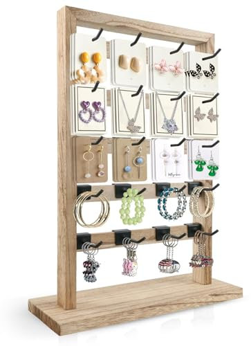 Fumingpal Espositore per orecchini, espositore per gioielli in legno con 20 ganci rimovibili, organizer per gioielli a 5 livelli per biglietti di orecchini, collane, bracciali, portachiavi (colore