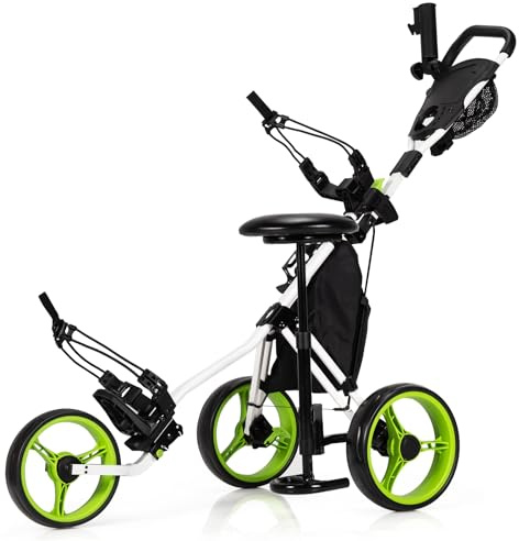 COSTWAY 3 Wheel Golf Push Pull Cart, Lightweight Foldable Golf Trolley with Adjustable Height Handle, Umbrella Stand, Cup Holder and Foot Brake