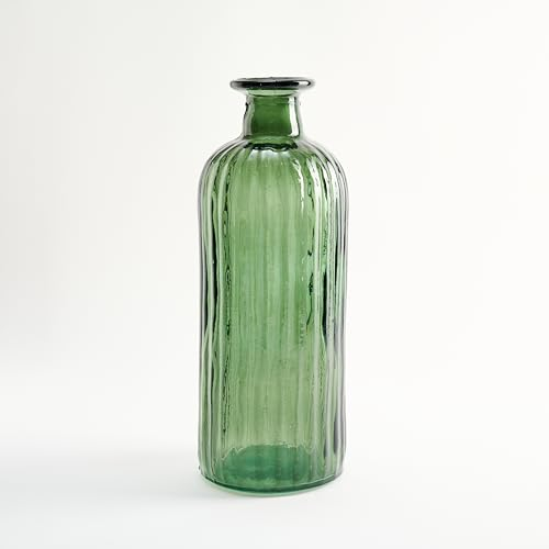Botella Grande de Vidrio Reciclado Estilo Mediterráneo con Diseño Rayado - Cristal Artesanal para Decoración del Hogar como Jarrón o Florero (Verde Oliva)