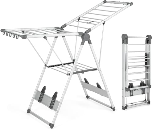 COSTWAY Folding Clothes Drying Rack, 2-Level Winged Clothes Airer Dryer Hanger with Height-Adjustable Gullwing, 10 Sock Clips and Shoe Holder, Indoor Outdoor Freestanding Steel Laundry Rack