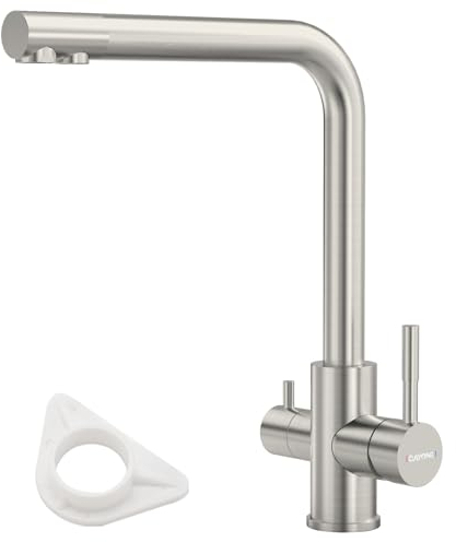 DAYONE 3 Wege Wasserhahn Küche, 3 in 1 Mischbatterie für Wasserfilter, 360° Drehbar Küchenarmatur, Trinkwasserhahn mit 2 Hebel, Drei Wege Armatur Küche aus SUS304 Edelstahl, Gebürstetes Nickel
