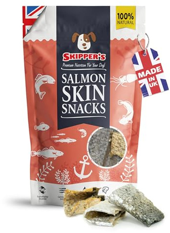 SKIPPER'S Salmon Skin Snacks Dog Treats - Gently Air Dried 100% Salmon Skin Chews Good for Cleaning Teeth, Essential Omega 3 Oils, Hypoallergenic, Wheat & Gluten Free Fish Treats for Dogs | 50g