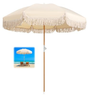 ELZEM Beige Gartenschirm Wasserdicht Groß Strandschirm Uv Schutz Balkonschirm Mit Quasten Tischschirm Neigbar Marktschirm Mit Tragetasche Für Balkon Garten Terrasse Strand/8 Rippen