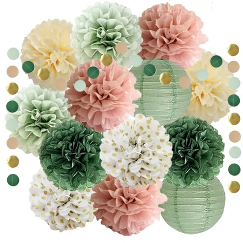 Guirlande de Pompons en Papier de Soie Vert Sauge Rose Poudré - Décorations pour Fête Prénuptiale, Prénatale, Mariage, Anniversaire