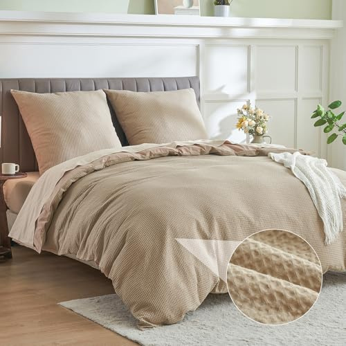 Simple&Opulence Bettwäsche 135x200 Baumwolle 2 Teilig,Waffelmuster Sommer Bettwäsche-Sets mit 80x80 cm Kissenbezug,ÖkoTex Zertifiziert Bettbezug Set,Camel