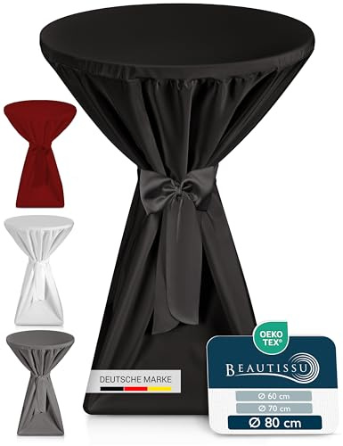 Beautissu Premium Stehtischhussen Blickdicht rutschfest bügelfrei waschbar | 80cm Schwarz Tischhussen für Stehtische Stehtischüberzug Husse für Stehtisch Bistrotisch Schleifenband Überzug Giulia Premium