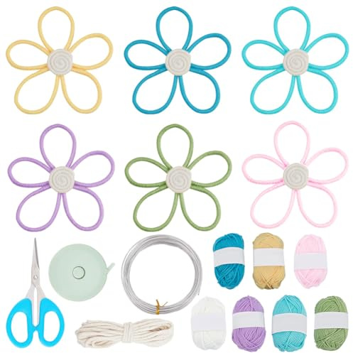 INFUNLY 6 Set Gänseblümchen Blumen Makramee Wandbehang Set Boho Wandbehang Set Gewebtes Gänseblümchen Dekor Blumen Wanddekoration Bohemian Wanddekoration Für Kinderzimmer Heim Wanddekoration Makramee