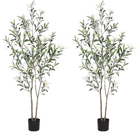 MDAL Artificial Olive Tree 3.2ft Tall with Natural Wood Trunk and Lifelike Fruits,Artificial Tree Faux Silk Plant for Home Office Decor Indoor Faux Tree-Set of 2