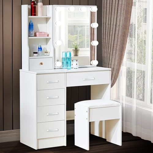 Dradaomull Tavolo da toeletta con illuminazione a LED, tavolo da toeletta con specchio per trucco, 3 colori con luminosità regolabile, tavolo cosmetico con ripiani regolabili, 6 cassetti, moderno