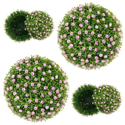 TANGZON Artificial Topiary Balls Set of 2, 37CM Round Fake Topiary Flowers Balls with Pink Chinese Roses, Indoor Outdoor Hanging Decorative Faux Grass Balls for Home Office Garden Décor
