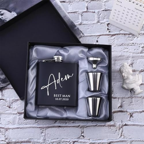 Lot de flasques gravées personnalisées pour homme – Flasque personnalisée de 236,8 g avec entonnoir, flasque à whisky pour homme d'honneur, Noël, mariage, cadeaux personnalisés pour lui (236,8 g)