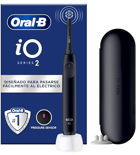 Oral-B iO 2 Spazzolino Elettrico Nero, 1 Testina Di Ricambio per Spazzolino Elettrico Oral B, Custodia Da Viaggio, Supporto per testine, Delicato sulle Gengive, Sensore di Pressione