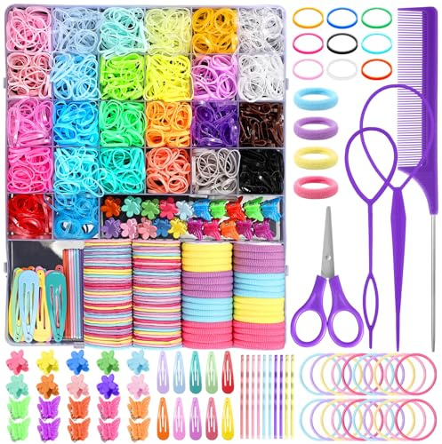 Auroray Hair Accessories for Girls, 2194 Pcs Colorful Elastic Hair Ties Set with Rubber Bands Butterfly Hair Clips Bobby Pins Hair Styling Tools Hair Tie Cutter Hair Stuff for Toddler, Baby, Kids