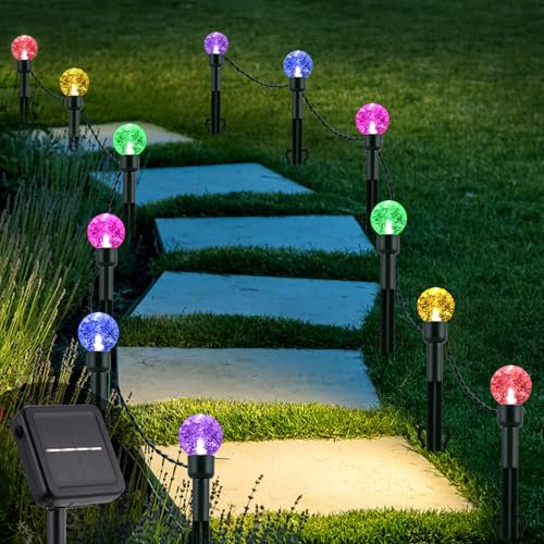 Cnulenzt Juego de luces solares para jardín, diseño de bola de cristal crackle, 12 luces LED, multicolor, iluminación decorativa para exteriores