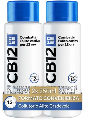 CB12 Collutorio Quotidiano, Senza Alcol, Combatte Alito Cattivo, Effetto 12 Ore, con Fluoruro e Clorexidina, Senza Alcool, 2 Confezioni da 250 ml