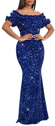 dasmzper Women Sexy Sequin Off Shoulder Ruffle Short Sleeve Bodycon Mermaid Party Formal Evening Maxi Dress Blue