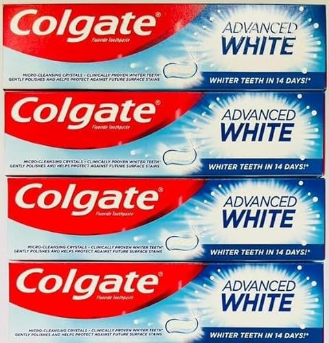 4-pack bunt – Colgate avancerad vit fluoridtandkräm (100 ml x 4) | Vitare tänder på 14 dagar | Mikrorengörande kristaller | kliniskt beprövade | skyddar mot ytfläckar