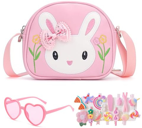 dogmoon Kleines Mädchen Kaninchen Tasche, Handtasche Mädchen mit 1 Stück Rosa Brille und 14 Stück Haarklemmer, Kinder Hase Geldbörse PU Leder Prinzessin Mini Handtasche für Kinder(Rosa)