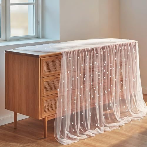 Tischläufer Perlen Tüll Spitzenstoff Weiße Perlen Tischdecke Tüll Tischdecke aus Perlenspitze 300x80cm Für Hochzeitsschleier Kleider Vorhänge Tischkleidung