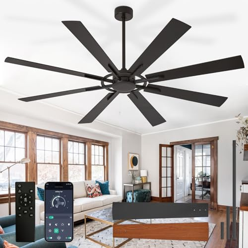 Depuley Grand ventilateur de plafond sans éclairage: Ventilateur de plafond d'extérieur de 72 pouces à 8 pales avec télécommande - Grand ventilateur noir sans éclairage pour intérieur