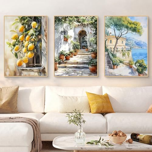 TROYSINC 3er Ästhetik Poster Set, Sommer Zitrone Olivenbaum Wandbilder Wohnzimmer, Vintage Mediterrane Landschaft Kunstdruck Leinwandbild Bilder für Schlafzimmer, Ohne Rahmen (40x50cm,B)