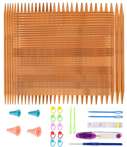 Double Pointed Knitting Needles Set,75 Pcs Wooden Bamboo Knitting Needles Kit,15 Sizes from 2.0mm-10.0mm,with Small Tools,Straight Wood Needles for Beginners,Making Sweater,Scarf,Sock,Weave