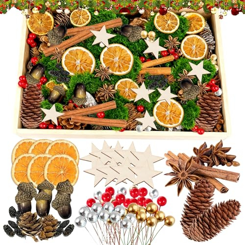 119 Stück Weihnachtskranz Deko, Adventskranz Deko, Potpourri Weihnachten, Adventskranz Bastelset mit Tannenzapfen, Eicheln, Getrocknete Orangenscheiben, Birkensternen, Dunkelgrün Moos, Sternanis