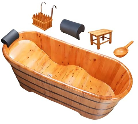 Qcesorib Luxus Freistehende Holz-Badewanne, Badewanne für Erwachsene mit Kopfstütze, Holzbadewanne mit Hocker, Tiefe Einweichwanne aus Massivholz, für Hotels Wohnräume, Naturfarbe,
