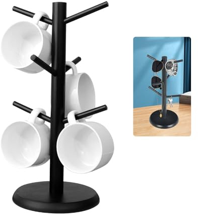 WEELOO Wooden Coffee Cup Holder 6 Hooks, Mug Tree Rack with Thicker Base | Coffee Tea Cup Storage Hanger Holder, Cup Holder for Counter, Kitchen, Space-Saving (Black)