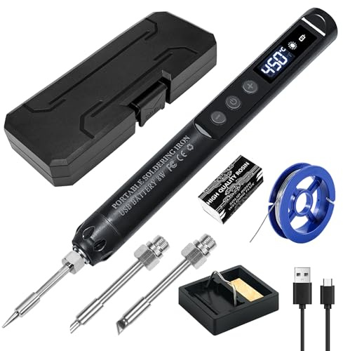 Akku Lötkolben Set, USB Lötkolben Wiederaufladbar mit LCD-Display, Wireless Soldering Iron 3 Lötspitzen, Temperatur Einstellbar 200 – 450 °C, Sicheres Professionelles Kabelloses Soldering Iron Set