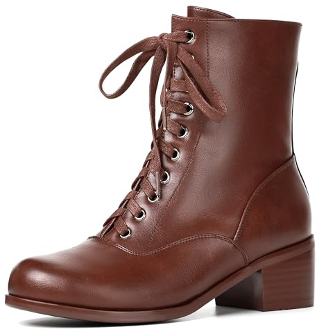Pixoecuty Women's Victorian Boots Vintage Lace Up Boots For Women Short Ankle Booties Side Zipper Round Toe Chunky Heel Brown ASIAN 41