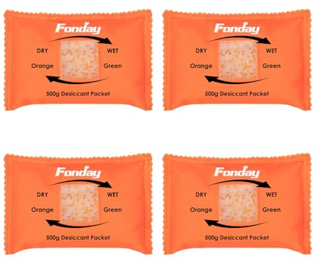 Fonday Lot de 4 paquets de déshydratants en gel de silice indiquant | Orange à vert, absorbeur d'humidité réactivable, grand pour déshumidificateur de voiture, pistolet, coffre-fort, placard