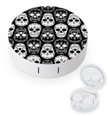 fkgvwo Contact Lens Container Black White Skull Travel Contact Lens Box with Mirror Tweezers Solution Bottle