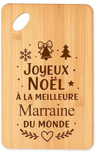 Planche à Découper Joyeux Noël à la Meilleure Marraine du Monde - Plateau Apéro en Bambou Cadeau Noël Gravé Collègue Cuisine Barbecue