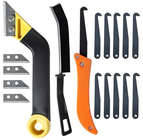 Pro Grout Removal Tool, Grout Removal Tool Set with Long-handled Scraper, Angled Hand Saw, 14 Pcs Replacement Accessories, 1 pcs Brush for Tile Grout Remover (17pcs Set)