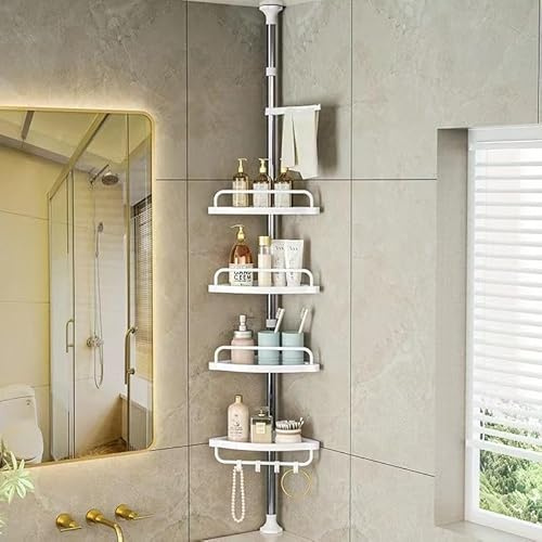 HitlineUK Shower Corner Shelf, 4-Tier Adjustable Shower Caddy 100–260 cm, Telescopic Bathroom Organiser with Hooks, No Drilling, Rust-Resistant Steel