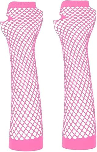 Womens Long Fishnet Fingerless Gloves Net Mesh Gloves 80s Fancy Dress Costume Party Accessory Party Supplies (Pink)