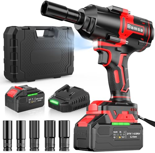 Bamse Avvitatore a Impulsi Brushless, 1000 Nm di Coppia Massima, Chiave a Percussione 1/2 ad Alta Potenza con Batterie da 4,0 Ah e Caricabatterie, 5 Bussole, Trapano a Impulsi Brushless per Auto Casa