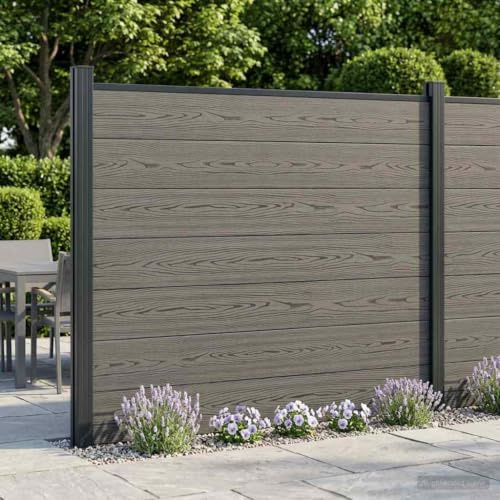 Ziaphsol Clôture WPC en aluminium gris - 180 x 146 cm - Brise-vue - Clôture de jardin à double tige - Protection contre le vent - Sécurité robuste - Pour l'extérieur