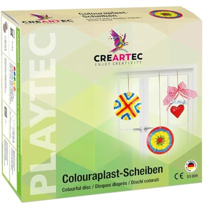 Artidee CREARTEC Colouraplast Scheiben Set – Kunststoffgranulat zum Schmelzen für Fensterbilder & Dekoration – mit 6 Farben, Schmelzformen & Herz-Drahtformen – witterungsbeständig - Made in Germany