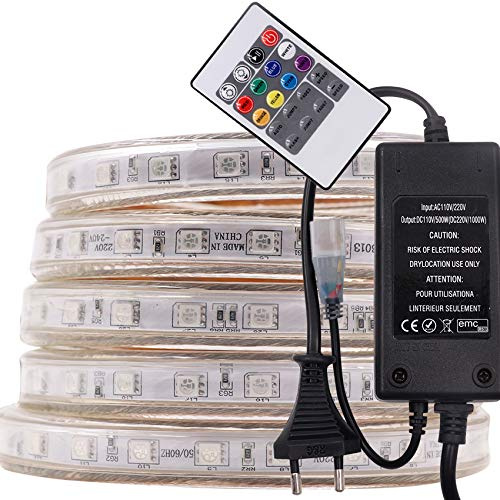XUNATA 12M 220V RGB 5050 SMD 60leds / m IP67 Wasserdicht,Kein Selbstklebender,Flexibles LED Lichtschlauch mit 20 Key Fernbedienung für Küche Stairway Home Weihnachten Party Deko (12M)
