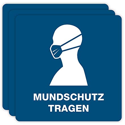 stempel-fabrik – 3 Stück Hinterglas-Aufkleber Mundschutz tragen mit Piktogramm – selbstklebende Maskenpflicht Hinweisschilder für Arztpraxen, ÖPNV, Einzelhandel uvm. (15 x 15 cm | Blau)