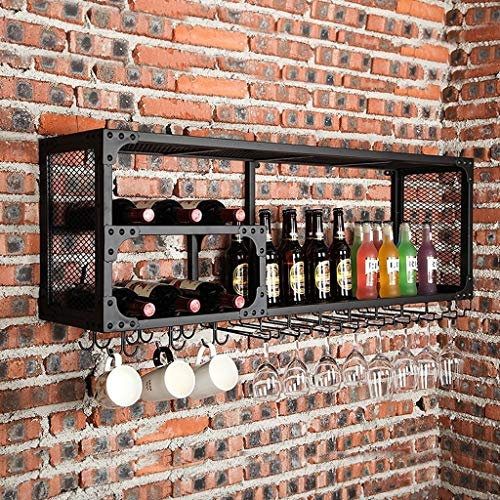 ZRCWW Theke Wandschwimmweinhalter, Weinflaschenhalter und Weinglas Ständer, Jahrgang Metallgitter Weinklimaschrank Wand befestigter Stemware Goblet Storage Rack, Schwarz (Size : 100×30cm×40cm)