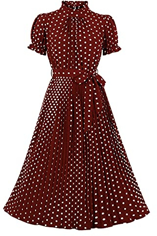 Wellwits Women's Polka Dots Frill Pleated Midi Vintage Cocktail Dress Wine M