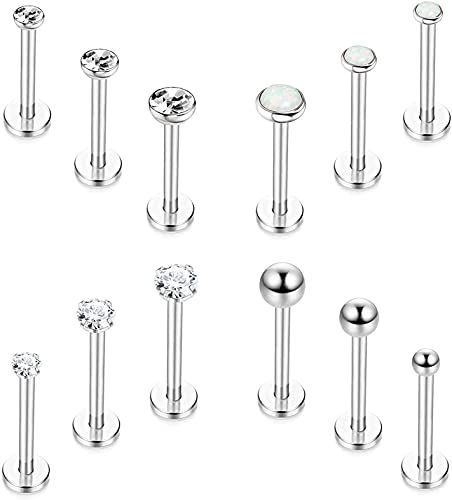 CASSIECA 12 Stück Edelstahl Lippenpiercing Stud Labret Piercing für Frauen Männer 16 Gauge Kugel Zirkon Opal Labret Schwarz Silber Ohrstecker Knorpel Helix Tragus Ohrringe Lippe Piercing, 6mm 8mm