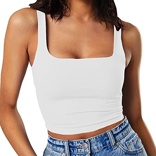 Artfish Women's Sleeveless Strappy Seamless Crop Tank Tops Square Neck Workout Fitness Basic Cropped Camis White, S