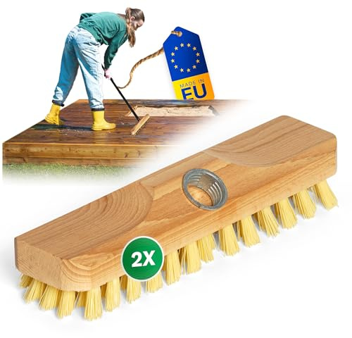 Novaliv 2X Wischer aus Holz mit Kunststoff-Borsten mit Gewinde| PPN Boden-Bürste| Ideal für Reinigung von Balkon Terrasse Garten Innen- Außenbereich Schrubber ohne Stiel