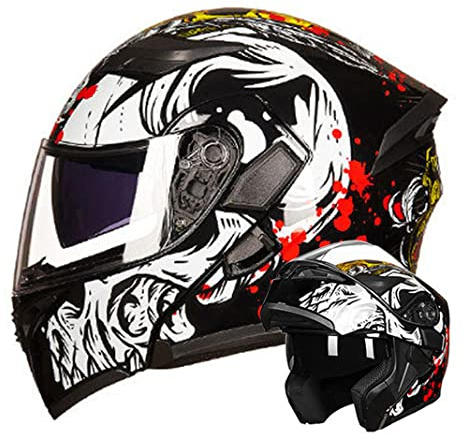 Modularer Motorrad helm Klapphelm mit doppelter Antibeschlagscheibe D.O.T Integralhelm für Herren & Damen Moped Roller Motorrad helme (Hellschwarzer Totenkopf) (55~57cm M)