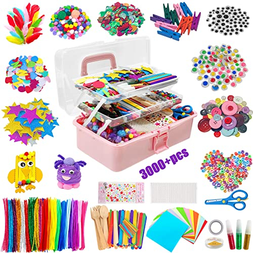Withosent Kit Manualidades Niños 3000+PCS, DIY Creativo Kit Manualidades Material, con Limpiapipas, Pompoms, Wiggle Eye, Cuentas, Lentejuelas, Juego Creativo Regalo Craft Niños Niñas